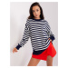 Navy blue and ecru women's oversize sweater with a striped pattern