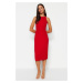 Trendyol Red Body-Sitting Midi Woven Dress with Accessory Collar Detail