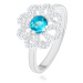 Trblietavý prsteň, striebro 925, zirkónový kvet - číre lupene, svetlomodrý stred - Veľkosť: 58 m
