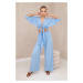 Women's set blouse with ties + trousers - pastel blue