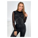 Knitted blouse with bodysuit with tulle sleeves black