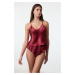 Trendyol Burgundy Satin Rope Strapless Knitted Underwear Set