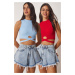 Happiness İstanbul Women's Red Blue 2-pack Halter Collar Corduroy Crop Knitted Blouse