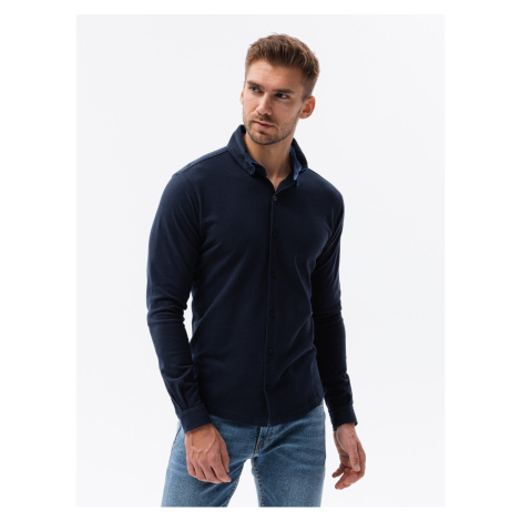 Ombre Men's knitted SLIM FIT long sleeve shirt - navy blue