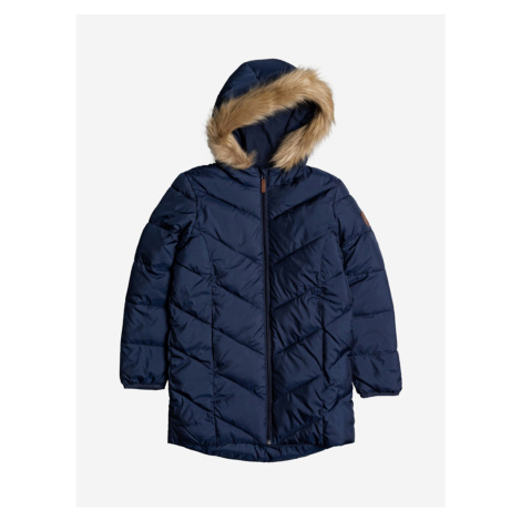 Tmavomodrý dievčenský prešívaný zimný kabát s kapucou a umelým kožúškom Roxy