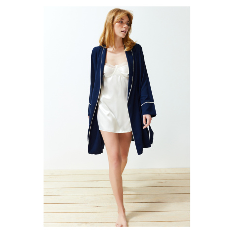 Trendyol Navy Blue Belted Piping Detailed Woven Dressing Gown