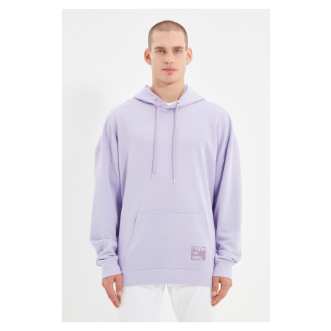 Trendyol Basic Lilac Oversize Hooded Labeled Fleece Cotton Sweatshirt