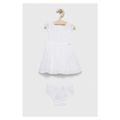 Detské bavlnené šaty Guess biela farba, mini, áčkový strih