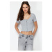 Trendyol Gray Melange Patchwork Crop Pool Neck Ribbed Stretchy Knitted Blouse