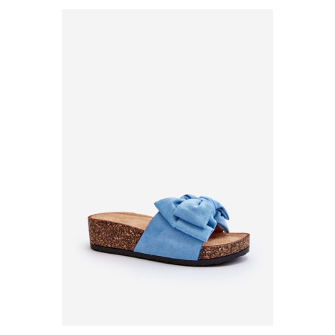 Blue Tarena women's slippers on a cork platform with a bow