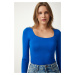 Happiness İstanbul Women's Blue Square Neck Viscose Knitted Blouse