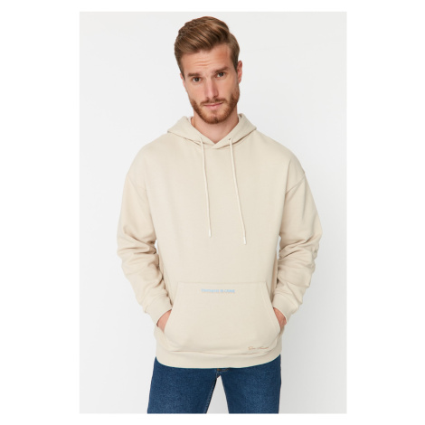 Trendyol Beige Basic Oversize/Wide Cut Fit Hooded Printed Sweatshirt