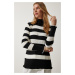 Happiness İstanbul Women's Black Ecru Turtleneck Frilly Striped Knitwear Sweater