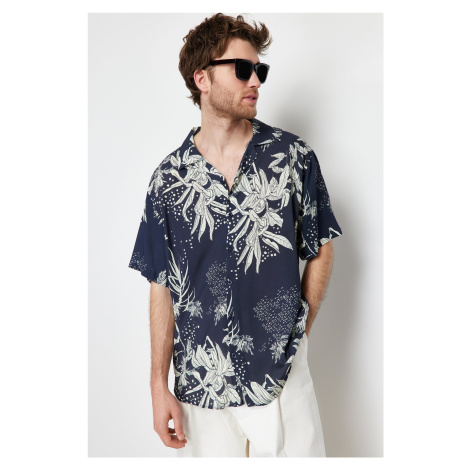 Trendyol Navy Blue Oversize Leaf Printed 100% Viscose Short Sleeve Loose Summer Shirt