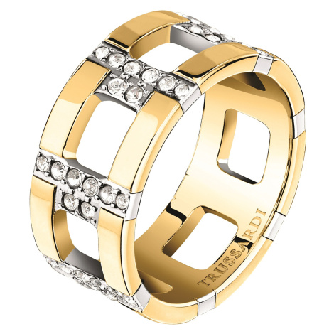 Trussardi Výrazný pozlátený prsteň so zirkónmi T-Logo TJAXC38 56 mm
