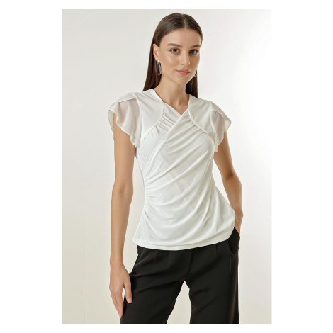 By Saygı Double Breasted Collar Sleeves Chiffon Ruffles Draped Lycra Blouse.