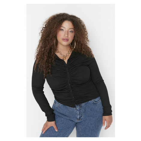 Trendyol Curve Black Fitted Gathered Knitted Shirt