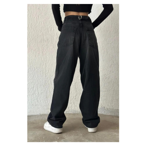 71755 Dewberry Buckle Detail Loose Cut Wide Leg Women Jeans-BLACK