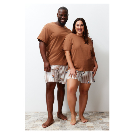 Trendyol Curve Brown Teddy Bear Patterned Knitted Couple Pajamas Set