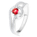 Prsteň s červeným okrúhlym kameňom, drobné číre zirkóny, striebro 925 - Veľkosť: 59 mm