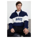 Trendyol Navy Blue Oversize/Wide Cut City Printed Color Block Stand Collar Zippered Sweatshirt