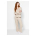 Trendyol Beige Cotton Embroidered and Button Detailed Ribbed Knitted Pajama Set