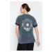 Trendyol Anthracite 100% Cotton Faded Effect Back Printed Oversize Crew Neck Knitted T-Shirt
