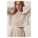 Happiness İstanbul Women's Cream Beaded Openwork Seasonal Crop Knitwear Sweater