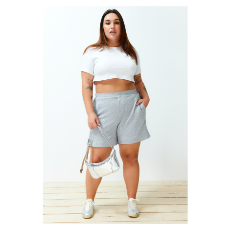 Trendyol Curve Grey Button Detail 100% Cotton Knitted Plus Size Shorts & Bermudas