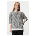 Trendyol Black Striped Slogan Embroidered Oversize/Wide Fit Long Sleeve Knitted Sweatshirt