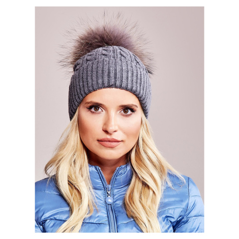 Knitted hat with a fur pompom, dark gray