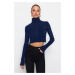 Trendyol Navy Blue Crop mäkký textúrovaný pletený sveter