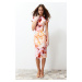 Trendyol Multi-Color Printed Fitted/Fitted Short Sleeve Stand Collar Stretchy Knitted Midi Dress