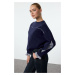 Trendyol Navy Blue Woven Detailed Relaxed/Comfortable Fit Thick Fleece Inside Knitted Sweatshirt