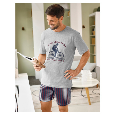 Blancheporte Pyžamo so šortkami a krátkymi rukávmi, cyklistický motív sivý melír/bordó