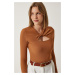 Happiness İstanbul Women's Tan Cut Out Detailed Ribbed Knitted Blouse