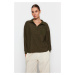 Trendyol Khaki Contrast Fabric Detailed Pocket Polo Neck Regular/Regular Fit Knitted Sweatshirt