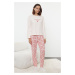 Trendyol Powder 100% Cotton Slogan Embroidered Heart Plaid Knitted Pajama Set