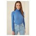 Happiness İstanbul Women's Blue Turtleneck Ribbed Lycra Sweater