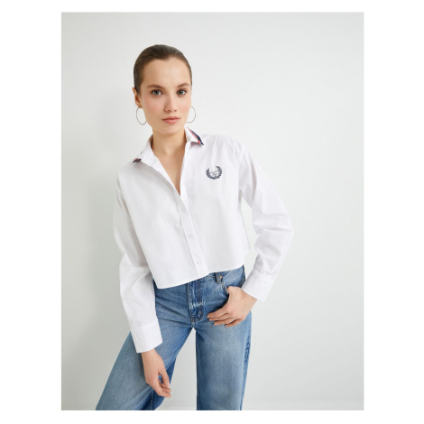 Koton Crop Oversize Poplin Shirt Embroidery Detailed Buttoned Cotton Striped Collar