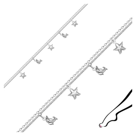 Náramok na členok z 925 striebra - zdvojená retiazka, zdobená delfínmi a hviezdicami