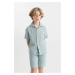 DEFACTO Boy's Oversize Fit Wide Pattern Polo Collar Muslin Short Sleeve Shirt