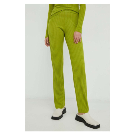 Vlnené nohavice Résumé dámske, zelená farba, rovné, vysoký pás