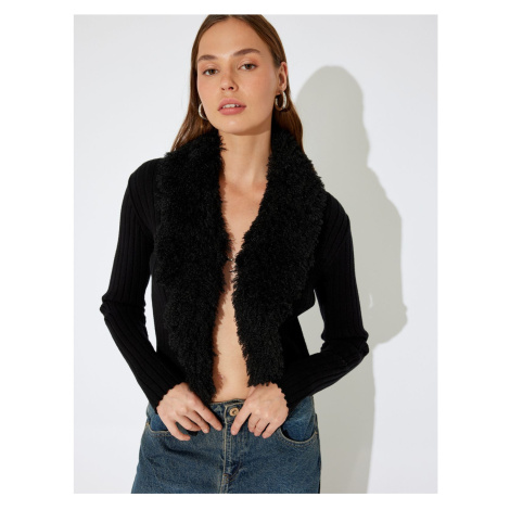 Koton X Inji - Faux Fur Collar Knitted Cardigan Slim Fit Long Sleeve