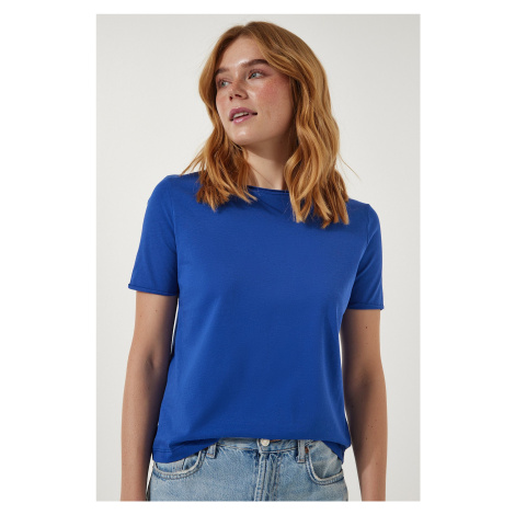 Happiness İstanbul Women's Blue Crew Neck Basic Knitted T-Shirt