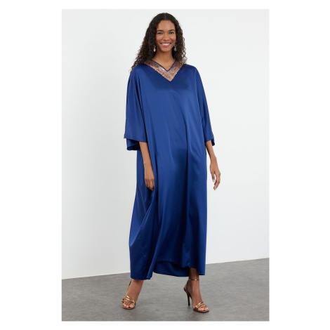 Trendyol Blue Satin Sequin Detailed Woven Evening Dress Kaftan