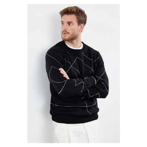 Trendyol Black Slim Fit Slim Cut Crew Neck Striped Patterned Knitwear Sweater