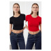 Trendyol Premium Red-Black 2 Pack Crop Viscose/Soft Fabric Stretchy Knitted Blouse