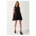 Happiness İstanbul Women's Black Crew Neck Summer Woven Bell Dress