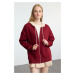 Trendyol Claret Red Color Blocked Oversize/Wide Fit Hooded Zippered Knitted Sweatshirt